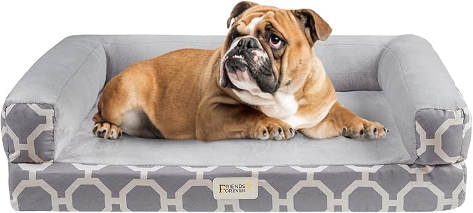 Friends Forever Harper Memory Foam Orthopedic Dog Bed, Calming Couch For Indoor Pet With Bolster, Machine Washable Extra Soft Faux Suede Removable Cover, Plush Crate Mat, 36x28x9", Grey-PawvioPets