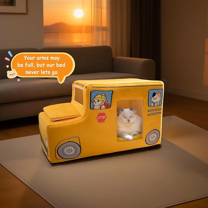 Cute Cat Beds Kitten Beds, Soft Small Dog Beds, Washable Pet Beds for Puppy and Kitty, Funny School Bus Cat Cave, 23 Inches-PawvioPets