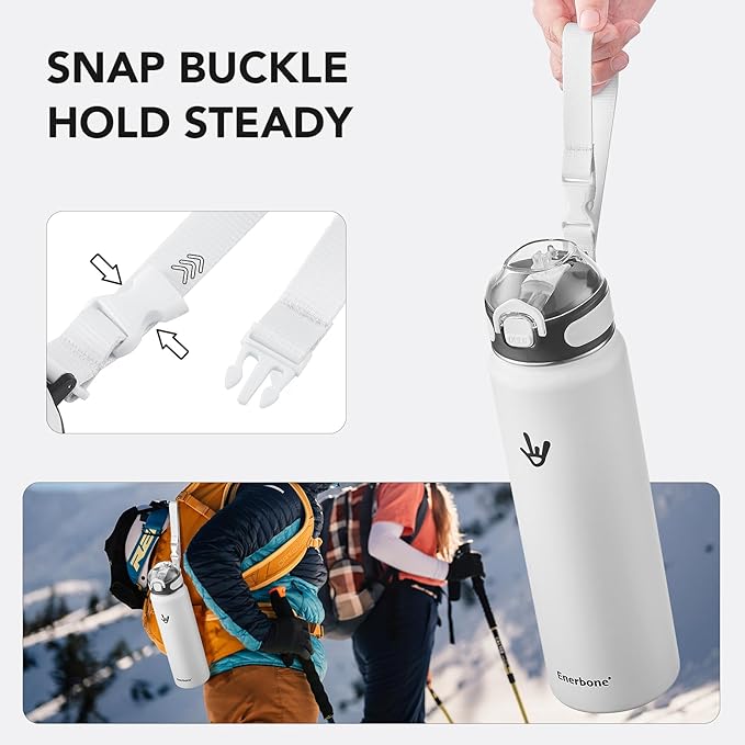 Enerbone 32 oz Insulated Water Bottle, Stainless Steel Bottle with Carrying Strap, Double-Wall Vacuum Insulation Design, Leakproof Sports Bottle with Straw, Keep Drinks Cold or Hot for Hours-PawvioPets