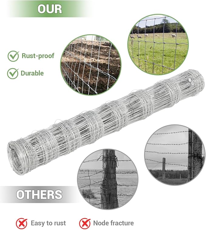 9GA Thickened Heavy Duty Cattle Farm Fence, 4ft x 164ft Galvanized Goat Deer Fence, Heavy Zinc Coating Hog Wire Fencing for Farm Livestock Animals Protection-PawvioPets