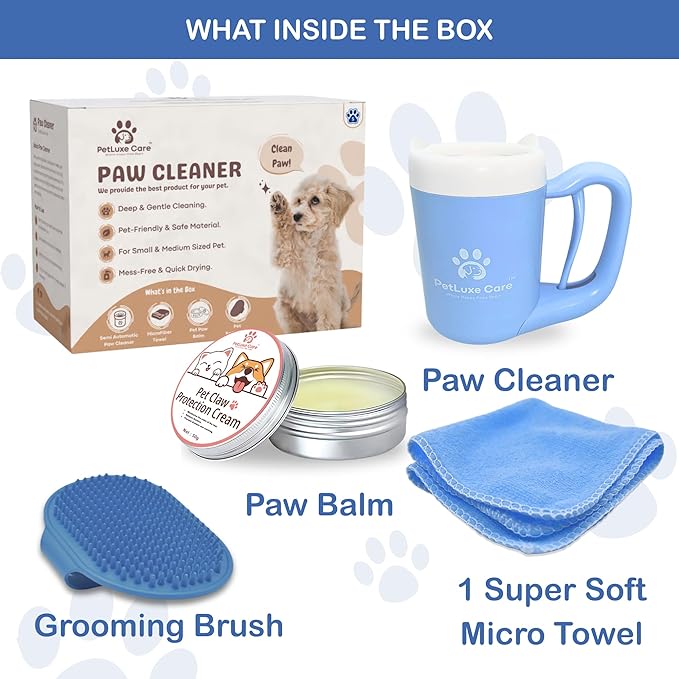 Dog Paw Cleaner for Small & Medium Dogs – Portable Paw Washer Cup with Soft Silicone Brush, Towel & Moisturizing Balm – Gently Cleans Muddy Paws After Walks (Blue, Small)-PawvioPets