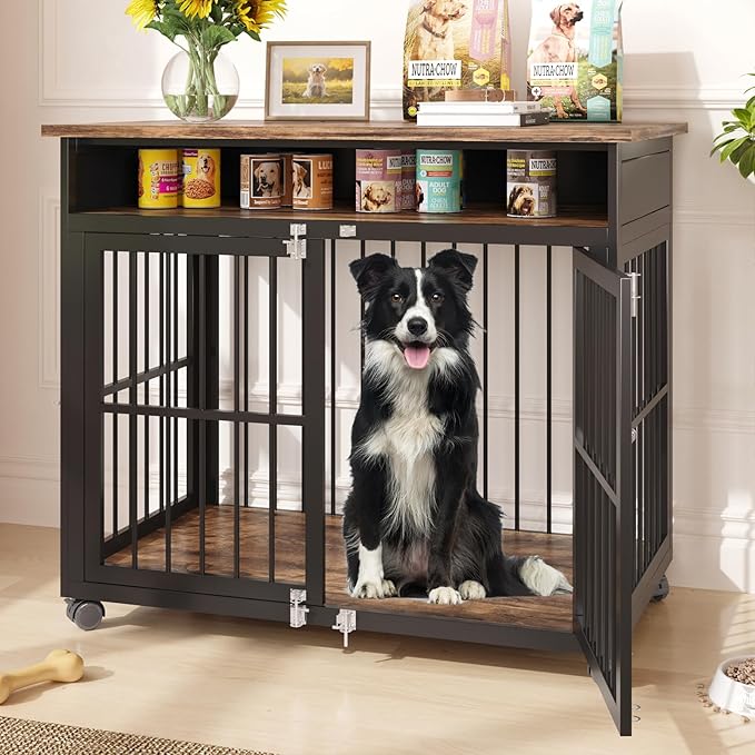 39.4" Dog Crate Furniture for Medium and Large Breed, Dog Kennel Furniture with Storage Shelf & Lockable Wheels, Heavy Duty Wooden End Side Table Pet Cage Indoor, Chew-Resistant, Brown-PawvioPets