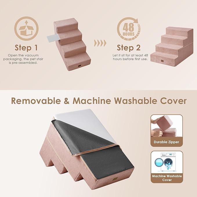 EHEYCIGA Dog Stairs for Bed 20" H, 4-Step Extra Wide Dog Steps for High Bed, Pet Steps for Small Dogs and Cats, Non-Slip Balanced Pet Ramp Indoor, Pink-PawvioPets