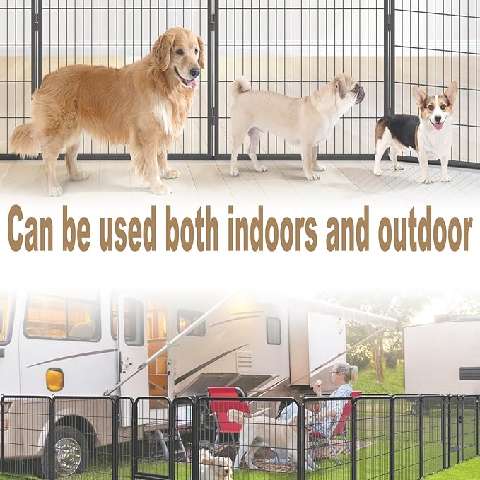Dog Playpen,24 32 40 48 in(H) Pet Fence Outdoor for Rv Camping,Garden Fence Medium Animal Barrie for Yard,11Ft(L)-56Ft(L) Black Metal Temporary Fencing-PawvioPets