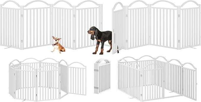 BHG Metal No-Assembly Freestanding Dog Gate with Door Walk Through, Extra Wide 96", Extra Tall 32" Pet Gate, Accordion Puppy Folding Playpen Dog Fence, with 2PCS Support (White, 8 Panels)-PawvioPets