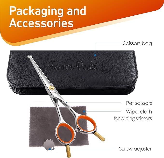 Fenice Peak 5'' Small Straight Scissors Lightweight Dog and Cat Grooming Scissors with Safety Round Tip JP440C Stainless Steel Sharp Blades for Body Facial Nose Ear and Paw Hair Easy Use-PawvioPets