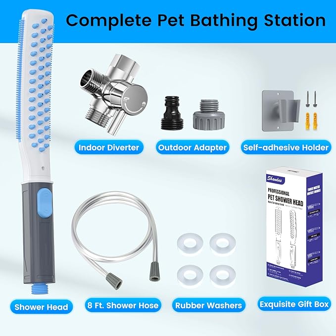 Dog Shower Attachment, Dog Washing Hose Attachment with Metal T-Diverter, Dog Bathing Supplies with 3 Spray Modes & One-Button ON/OFF Indoor and Outdoor Sprayer 8-Foot Hose-PawvioPets