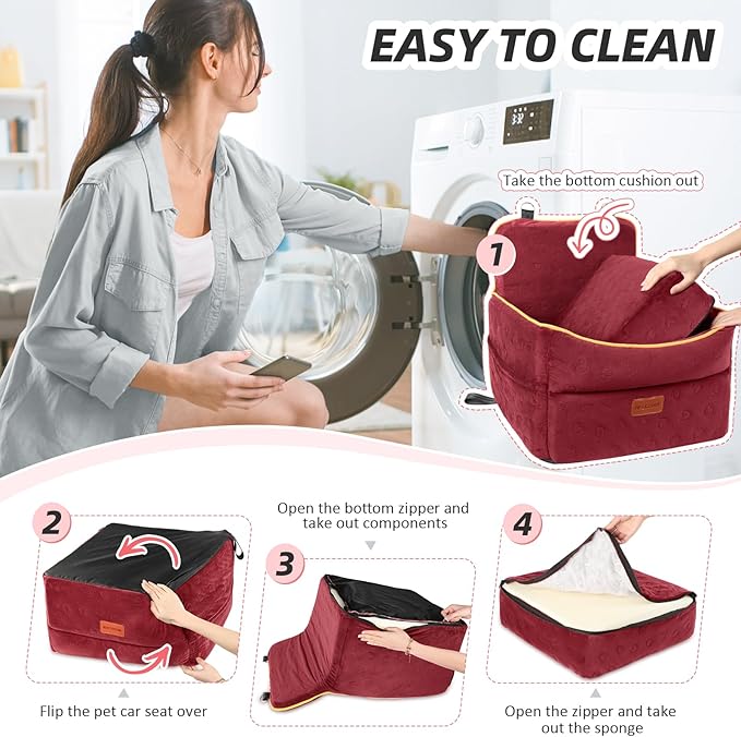 Dog Car Seat for Small Medium Dogs, Memory Foam Puppy Dog Booster Seat with Thick Cushion for Dogs Under 35lbs, Detachable Washable Pet Car Seat Travel Bed with Storage Pockets,2 Safety Belts-PawvioPets