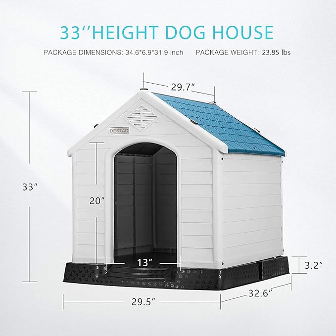 DEStar Durable Waterproof Plastic Pet Dog House Indoor Outdoor Puppy Shelter Kennel with Air Vents and Elevated Floor (Large - 33" Height)-PawvioPets