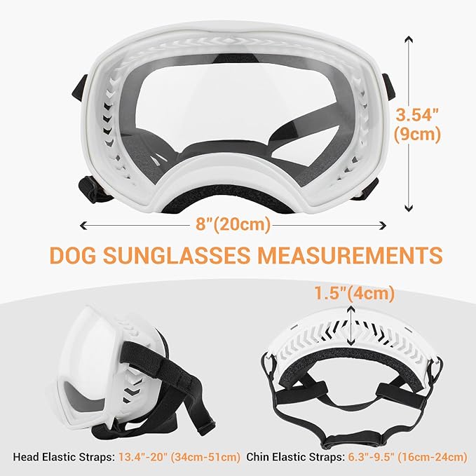 Dog Sunglasses UV Protection Clear Dog Goggles Windproof Glasses with Elastic Straps for Medium-Large Breed, White Frame + Clear Lens-PawvioPets
