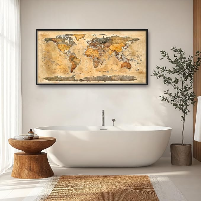 Extra Large World Map Framed Wall Art for Living Room,Oversized Vintage Map of The World Pictures Wall Decor,Canvas Print Painting Modern Artwork Bedroom Office Bathroom 60L" x 30W"-PawvioPets