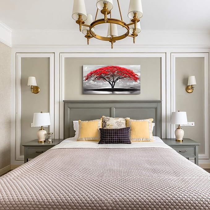 canvas wall art for living room bathroom Wall Decor Black and white landscape red tree moon scenery Hang painting Home Decorations for office bedroom kitchen Works canvas Prints pictures 20" x 40"inch-PawvioPets