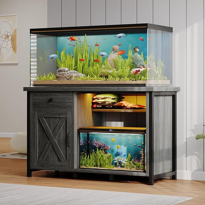 4ever2buy 55 Gallon Fish Tank Stand with LED Light & Power Outlets, 55-75 Gallon Aquarium Stand with Drawer & Barn Door, Cabinet for Fish Tank Accessories Storage for Reptile Tank, Turtle Tank, Gray-PawvioPets