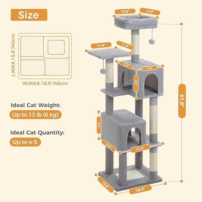 62-Inch Cat Tree for Indoor Cats, Large Cat Tower with Scratching Posts for Large Cats, 2 Bigger Plush Condos, Padded Platform, Soft Cat Bed and Scratching Pad, 2 Pompoms, Gray-PawvioPets