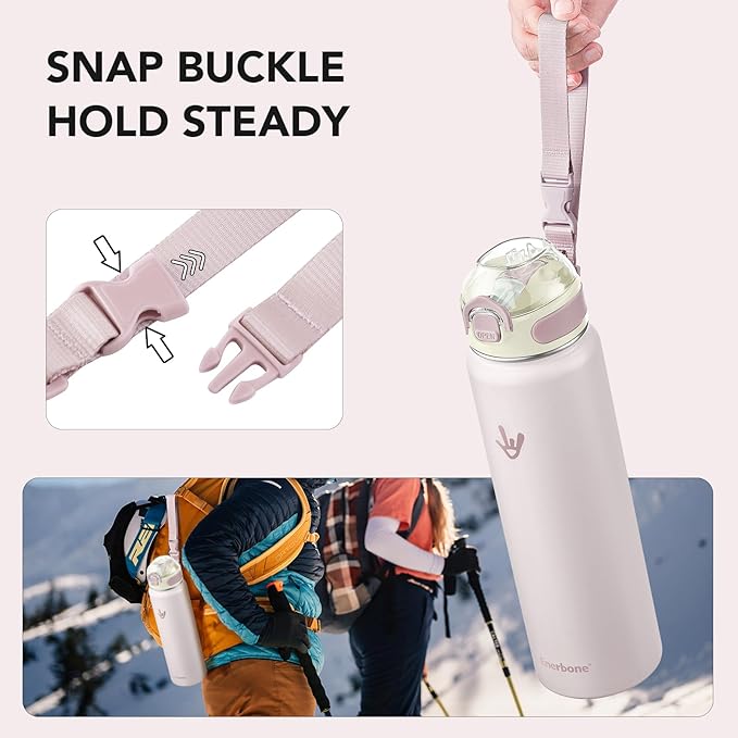 Enerbone 32 oz Insulated Water Bottle, Stainless Steel Bottle with Carrying Strap, Double-Wall Vacuum Insulation Design, Leakproof Sports Bottle with Straw, Keep Drinks Cold or Hot for Hours-PawvioPets