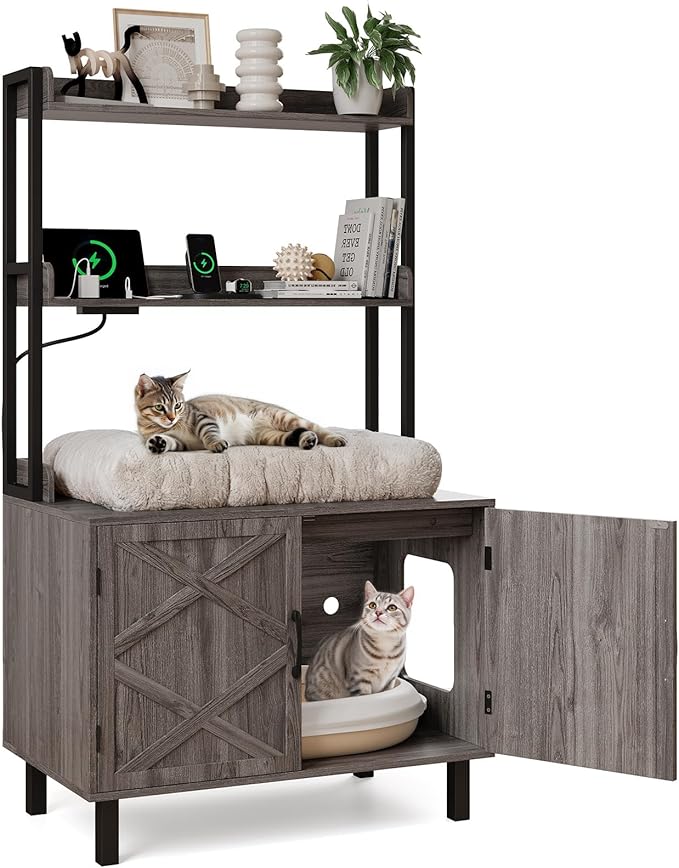 55 Inches Cat Litter Box Enclosure, Hidden Litter Box Furniture with 2 Storage Shelves and Charging Sockets, Wooden Cat House, Large Indoor Cabinet for Living Room & Entryway, Grey-PawvioPets