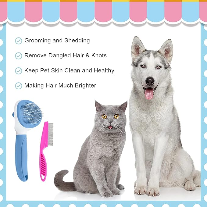 Cat Brush for Shedding and Grooming, Pet Self Cleaning Slicker Brush with Cat Hair Comb by KALAMANDA (Blue)-PawvioPets