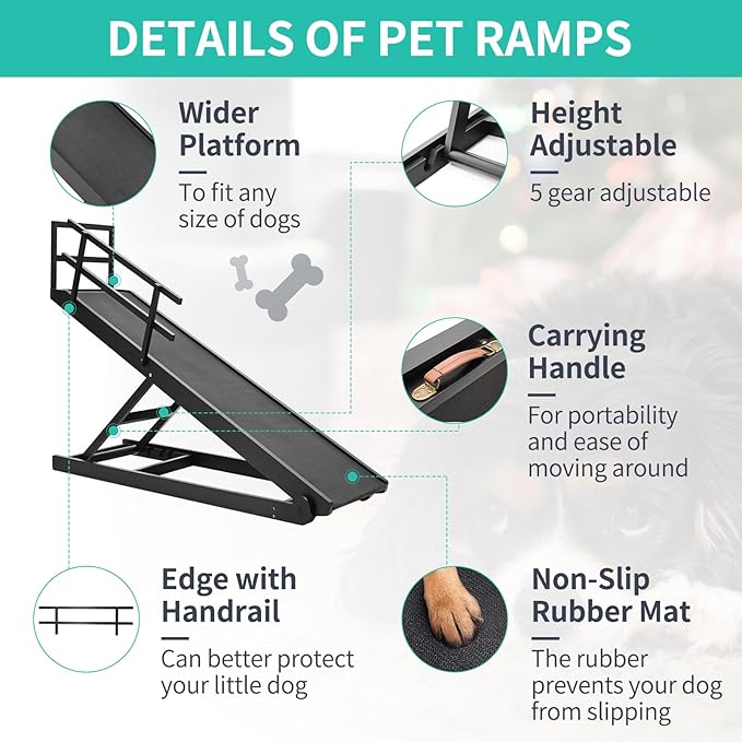 Dog Ramp, 5 Level Adjustable Height Folding Pet Ramp for High Bed, Portable Paw Ramps Large Bed Ramp for Medium & Large Old Dogs & Cats - Natural Wood Furniture Quality-PawvioPets