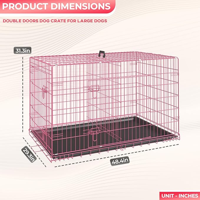 FDW Dog Crate for Large Dogs 48 Inch Folding Metal WirePet Cage Double Door W/Divider Panel Indoor Outdoor Kennel Leak-Proof Plastic Tray,Pink-PawvioPets