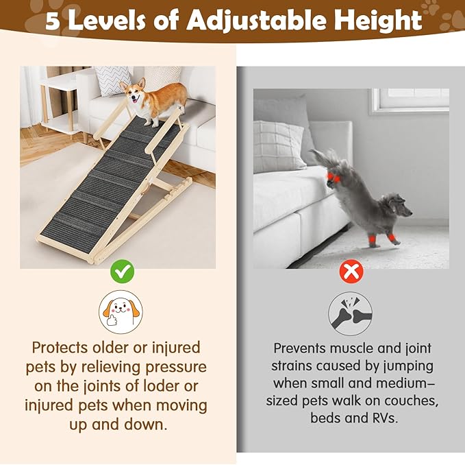 Dog Ramp for Couch, Bed or Car, Wooden 55" Long Pet Stairs for Small & Large Old Dogs & Cats, Hold up to 250lb, 6 Adjustable Height from 19.68" to 27.55" Portable Doggie Steps, Excellent Traction-PawvioPets