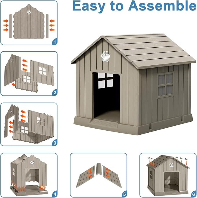 Dog House Indoor Outdoor for Small to Large Sized Dogs Resin Outdoor Dog House with Ventilation Puppy Shelter with Elevated Floor, Easy to Assemble, Blue-PawvioPets