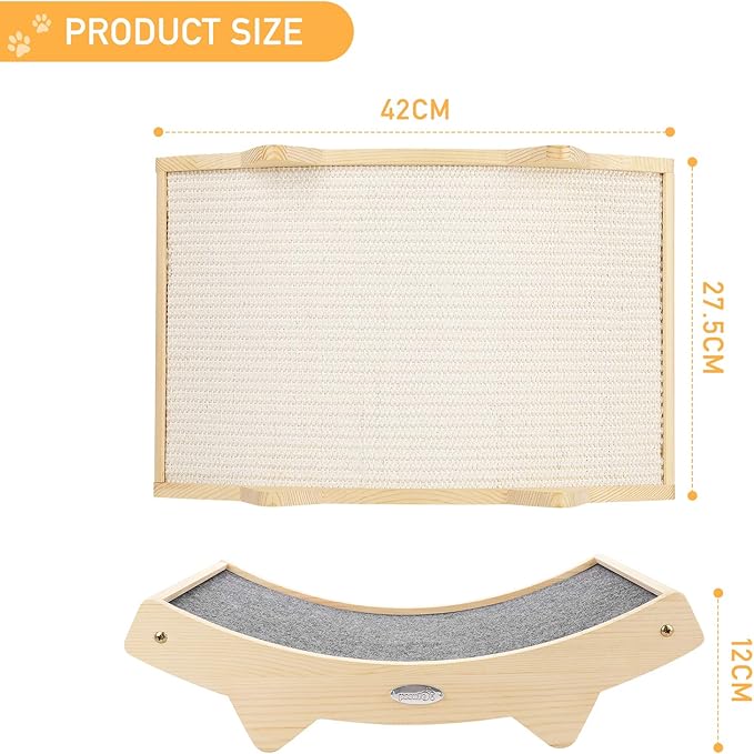 Double-Sided Cat Scratcher With Natural Sisal + Carpet Cloth, Durable Solid Wooden Structure Scratch Pad for Indoor Cats, Scratcher Lounge, 16.5 x 10.8in-PawvioPets