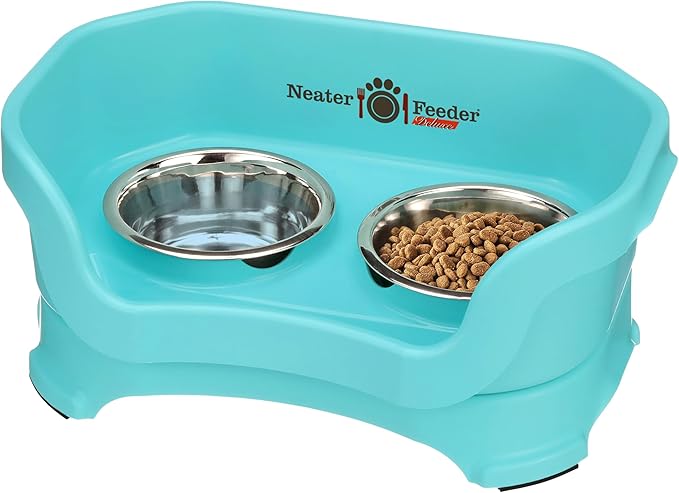 Neater Feeder Deluxe Mess Proof Cat Bowls Elevated for All Breeds – Made in USA – No Spill Raised Bowls for Indoor Cats – Stainless Steel Food and Water Bowl Set, Pet Dish Feeding Station, Aquamarine-PawvioPets