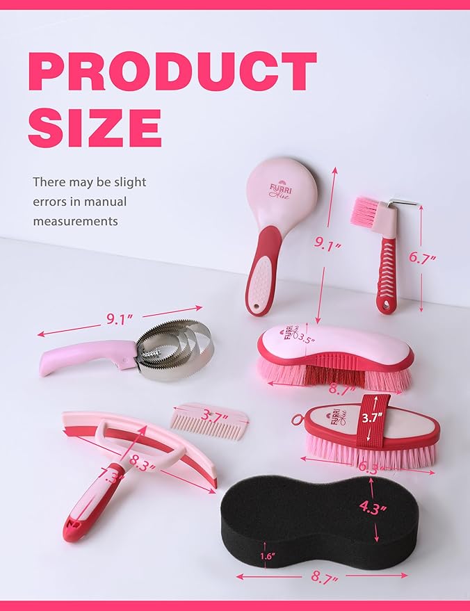 9PCS Horse Grooming Kit Curry Comb Sweat Scraper Horse Bathing Supplies Grooming Tools with Storage Bag Pink Garnet-PawvioPets