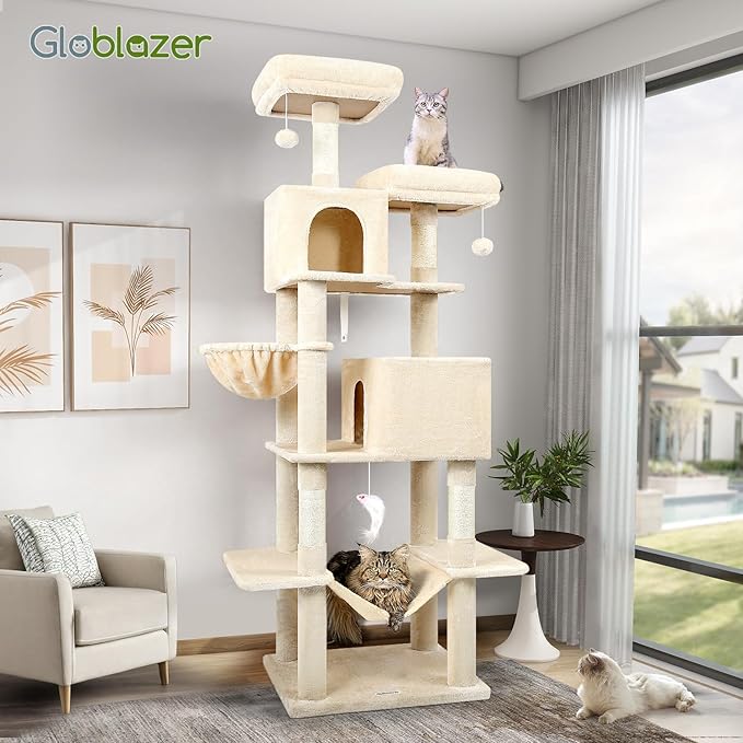Globlazer Cat Tree Tower, 76-Inch Extra Tall Multi-Level Cat Furniture with Cozy Condos, Hammock and Perches for Adult Cats, Perfect for Climbing, Scratching, and Play, F76, Beige-PawvioPets