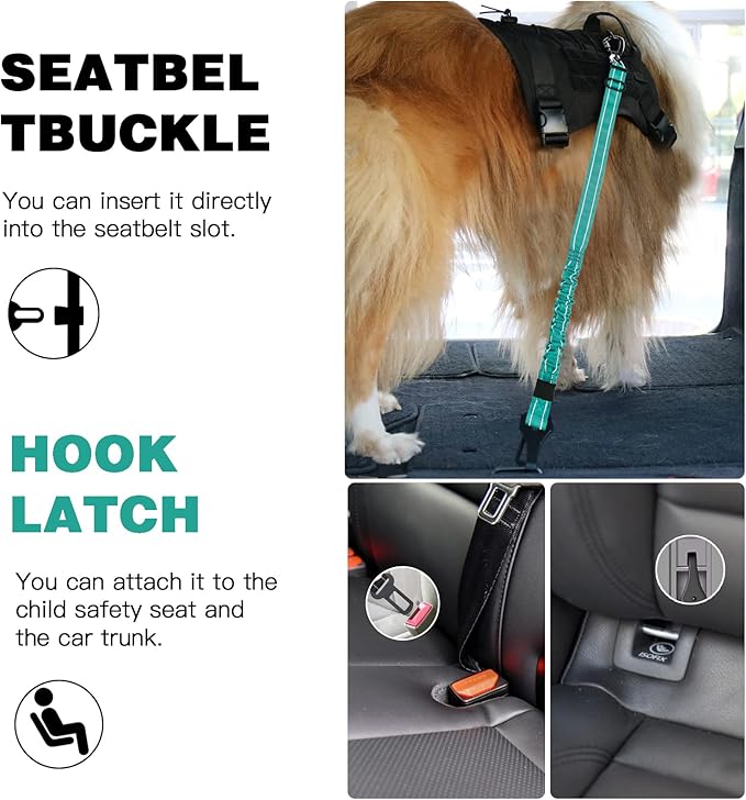 AUBELL Dog Seat Belt for Car,2 Pack Set 3-in-1 Adjustable Reflective Bungee Heavy Duty Dog Car Harness Tether with Clip Hook Latch & Buckle,Swivel Zinc Alloy Carabiner,Black+Teal-PawvioPets
