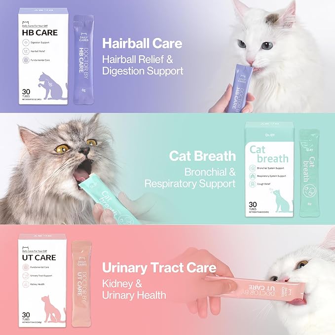 Dr.by HB Care Hairball Supplement for Cats– Hairball Relief Furball Control Remedy & Digestive Support Supplements with Omega-3, Chitosan-30 Individuallly Packaged (1 Pack, 30 Count)-PawvioPets