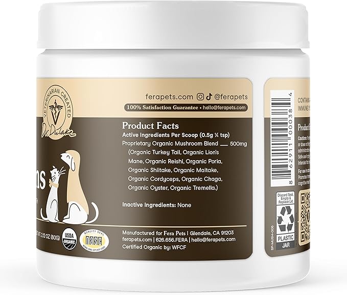Fera Pets Mushroom Supplement for Dogs & Cats with Turkey Tail - USDA Organic - Cognitive and Immune Support - Enhances Liver Function - Supports a Healthy Gut - Powder - 120 Scoops-PawvioPets