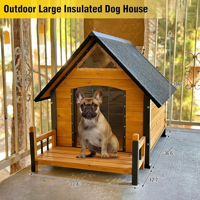 AIVITUVIN Outdoor Dog House with Anti-Chewing Iron Surround Insulated Liner Dog Kennel for Large Breed Dog Shelter Weatherproof (Brown 50.9" D x 37.4" W x 37.2" H)-PawvioPets