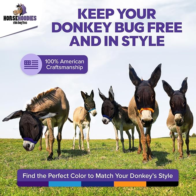 Donkey Fly Mask with Long Ears (Purple) Made in USA - Mule Fly Mask with Ears Protection from Insects and Bugs, Small Donkey Soft Mesh Fabric with Adjustable Fastener, Face Cover Supplies for Donkeys-PawvioPets
