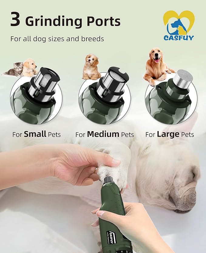 Casfuy Dog Nail Grinder Quiet - (45db) 6-Speed Pet Nail Grinder with 2 LED Lights for Large Medium Small Puppy Dogs/Cats, Professional 3 Ports Rechargeable Electric Dog Nail Trimmer with Dust Cap-PawvioPets