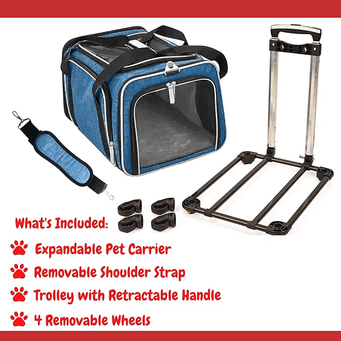 Airline Approved Expandable Premium Pet Carrier on Wheels- Two Sided Expandable Rolling Carrier- Designed for Dogs & Cats- Extra Spacious Soft Lined Carrier! (Blue)-PawvioPets