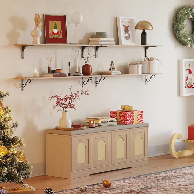 DINZI LVJ Shoe Bench, Entryway Storage Bench with Doors, Cushion, 2-Tier Shoe Rack with 8-Cubby, 47.2”L x 13.8”W Shoe Organizer Cabinet, Adjustable Shelf, Living Room, Bedroom, Natural with Rattan-PawvioPets