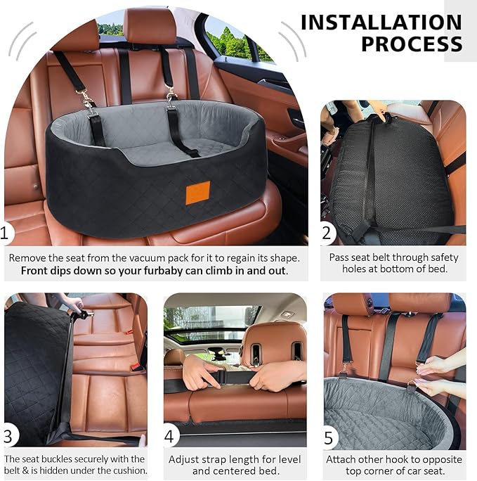 Dog Car Seat for Medium Dogs Up to 50 lbs, Pet Booster Seat for Cars SUVs and Trucks, Travel Dog Bed with Safety Strap, Thick Cushion, Non-Slip Base, Washable and Portable(Black/Gray-PawvioPets