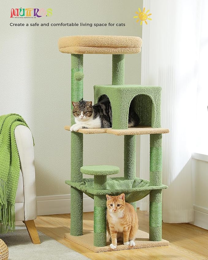 Cactus Cat Tree for Indoor Cats, 45.7" Multi-Level Cat Tower with Large Metal Frame Hammock, Cat Condo with 4 Scratching Posts and Top Perch, Green-PawvioPets