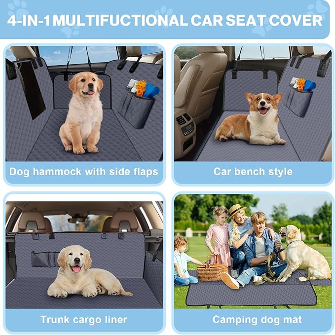 Dog Car Seat Cover for Back Seat, Waterproof Protector with Side Flaps, Scratchproof Hammock, Non-Slip Bottom for Cars/Trucks/SUVs (Grey02)-PawvioPets