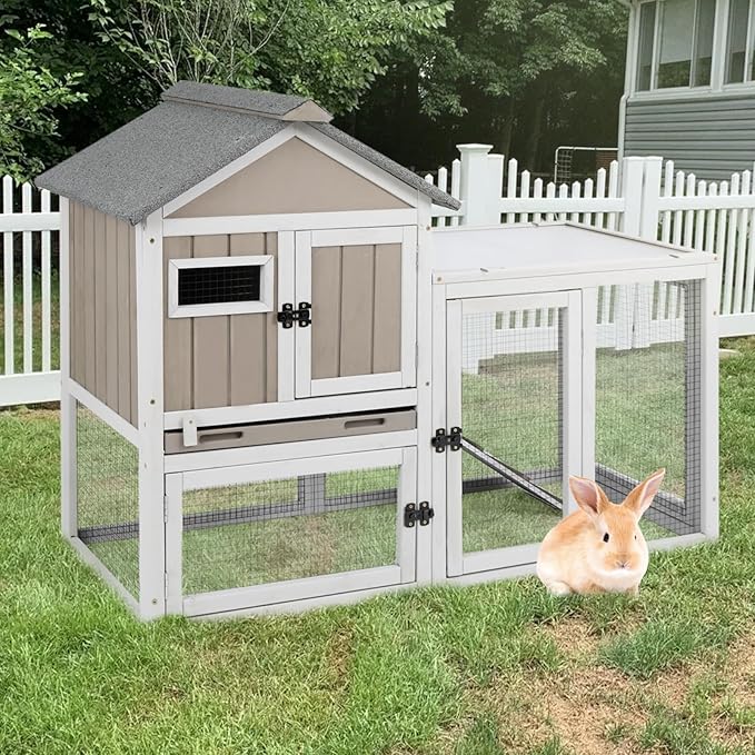 47''L Rabbit Hutch Outdoor Chicken Coop with Run, Wooden Indoor 2 Story Bunny House with Waterproof Roof, Pull Out Tray, Guinea Pig Rabbit Duck Cage for Small to Medium Animals and Pet Lover, Gray-PawvioPets