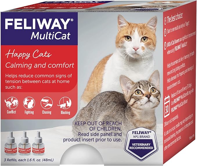 FELIWAY® MultiCat 3 x 30 Day Cat Calming Refills for Pheromone Diffuser, 3 x 48ml Value Pack- Helps Reduce Conflicts and Signs of Tension in Multi-Cat Households-PawvioPets