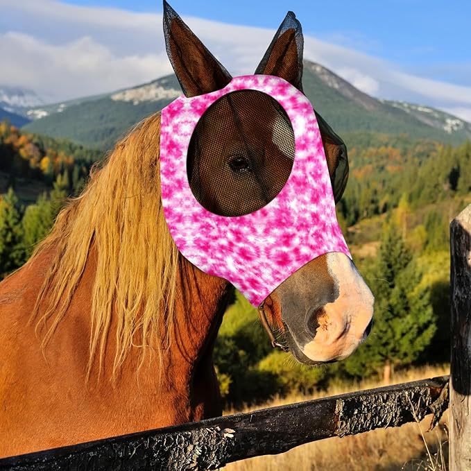 Frienda 4 Pieces Horse Fly Masks with Ears Face Covering UV Protection from Insect Pests Elasticity Smooth Comfortable Mesh Horse Mask Accessories(Tie-dye,Medium)-PawvioPets