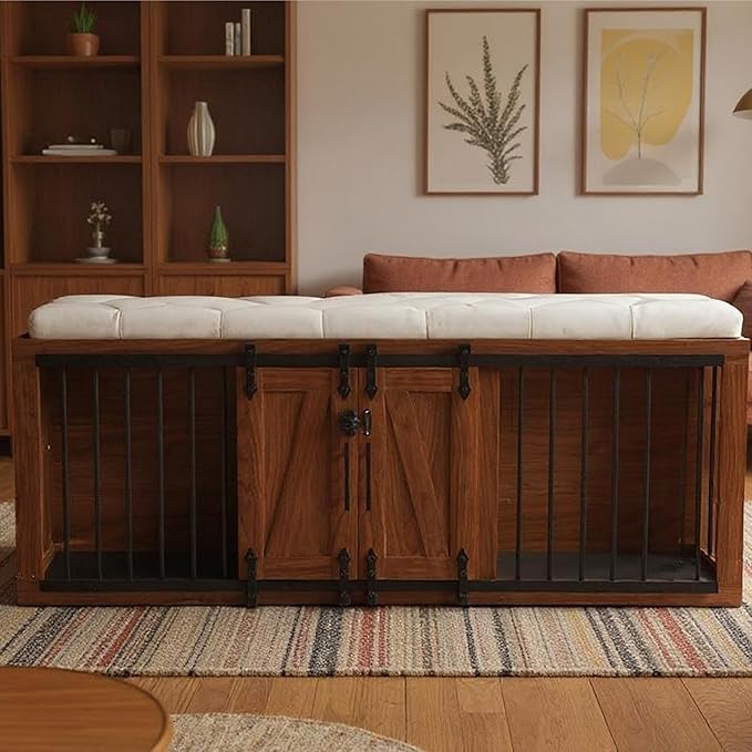 56" L Dog Crate Furniture with Padded Seat, End of Bed Bench Ottoman with Cushion, Wooden Dog Kennel with Pet Stairs & Sliding Barn Door for Bedroom, Living Room, Walnut-PawvioPets