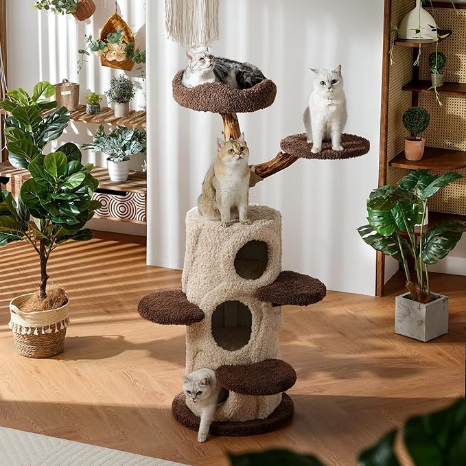 54.7'' Tall Modern Wood Cat Tree with 3 Level House, Luxury Cat Tower for Home Decoration, Large Cat Condo for Multi-Cat Families-PawvioPets