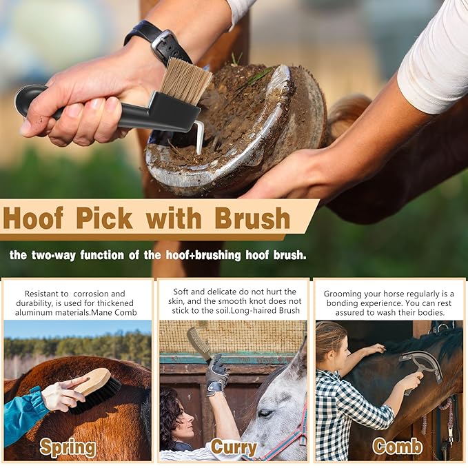 Abbylike 12 Pieces Horse Grooming Kit with Organizer Tote Bag Tack Room Supplies Horse Brush Sets Equine Care Cleaning Kit Shedding Grooming Massaging Tools(Khaki)-PawvioPets