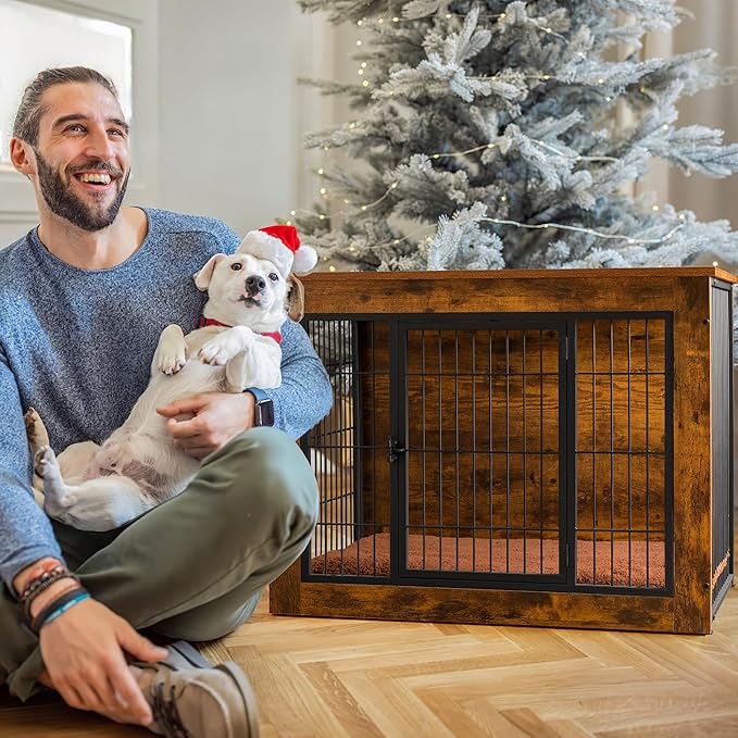 Bigrab Dog Crate Furniture with Thick Cushion, Side End Table Wooden Dog Cage with Double Doors, Chew-Resistant Dog Kennel Dog House Indoor for Small to Large Dog, M-PawvioPets