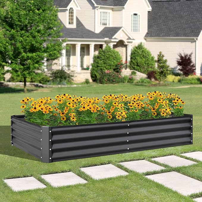 Domi Galvanized Raised Garden Bed, 6x3x1Ft Thickening Metal Planter Box for Vegetables Bottomless for Backyard Outdoor, 1" Deep w/ 128 Gallon Capacity - Dark Gray-PawvioPets
