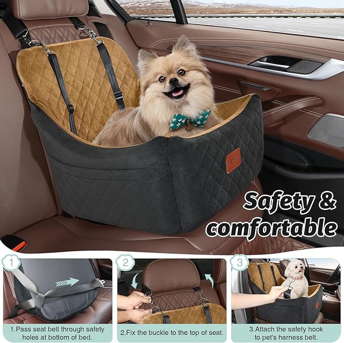 Dog Booster Car Seat for Up to 35lbs Pets,Easy to Install,Fully Detachable and Washable,Anti-Slip Base,Snug Puppy Car Seat with 2 Clip-On Leashes(Black/Coffee,Medium)-PawvioPets