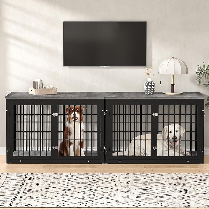 48 Inch Heavy Duty Dog Crate Furniture for Large Dogs, Decorative Pet House End Table, Extra Large Wooden Cage Kennel Furniture Indoor, Black and Gray-PawvioPets